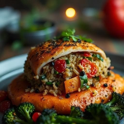 Volcanic Rice-Stuffed Chicken with Charred Garden Mosaic