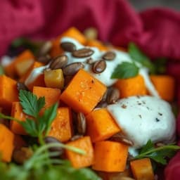 Chilled Maple Sweet Potato Picnic Salad with Whipped Tahini and Crunchy Pumpkin Seeds